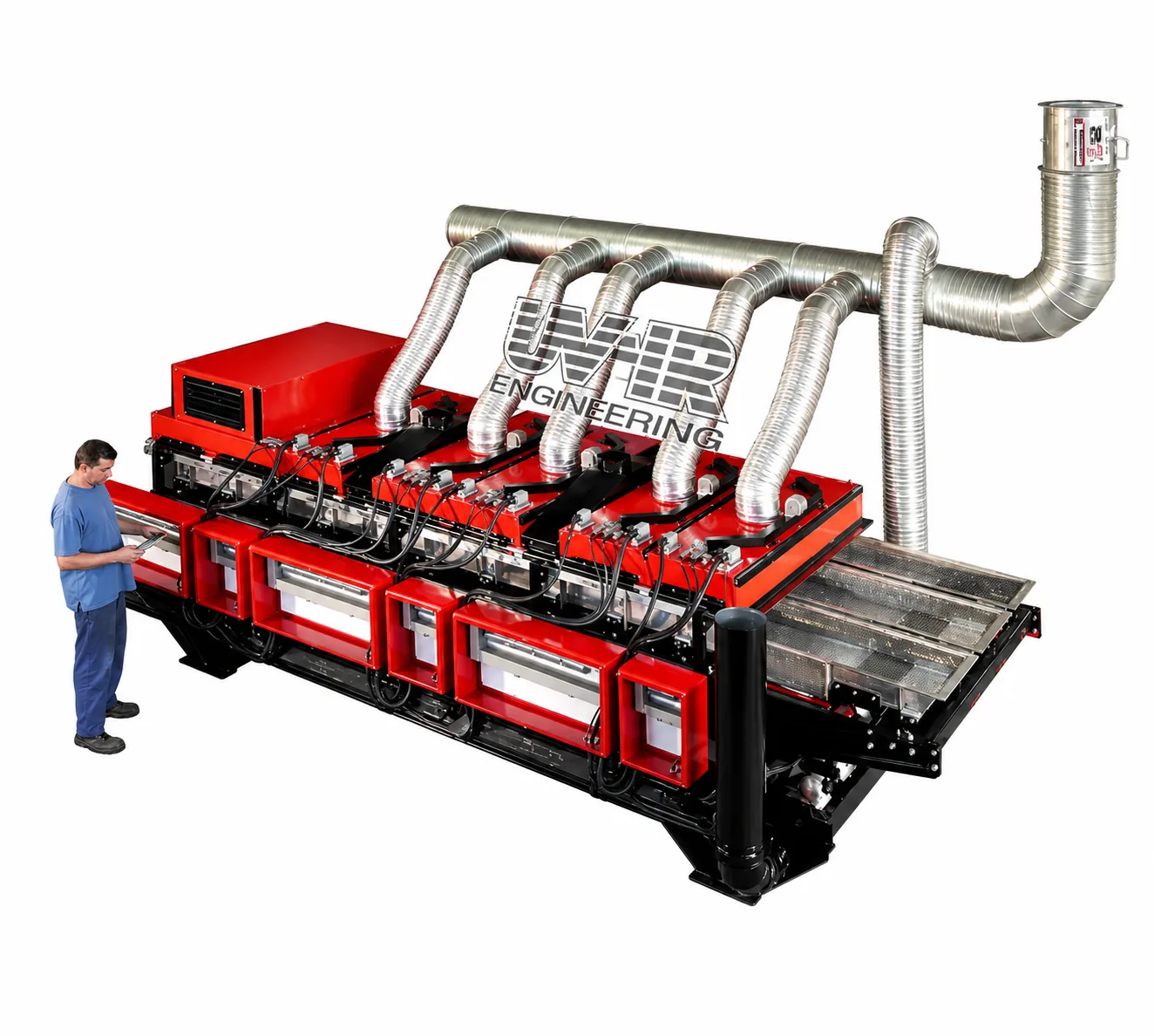 vb-engineering-machine-web-optimised UVIR large red infrared conveyor curing system with ventilation ducts and technician monitoring operation